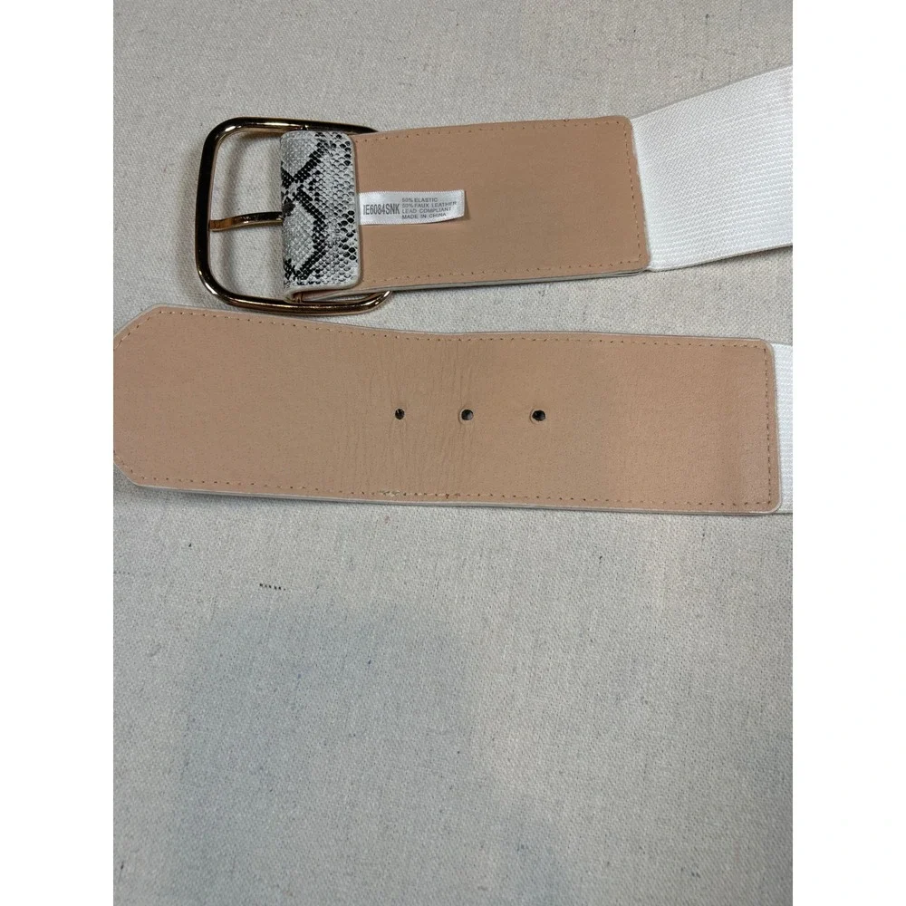 Women Snakeskin Print Wide Elastic Cinch Belt Gold Square Buckle IE6084SNK White